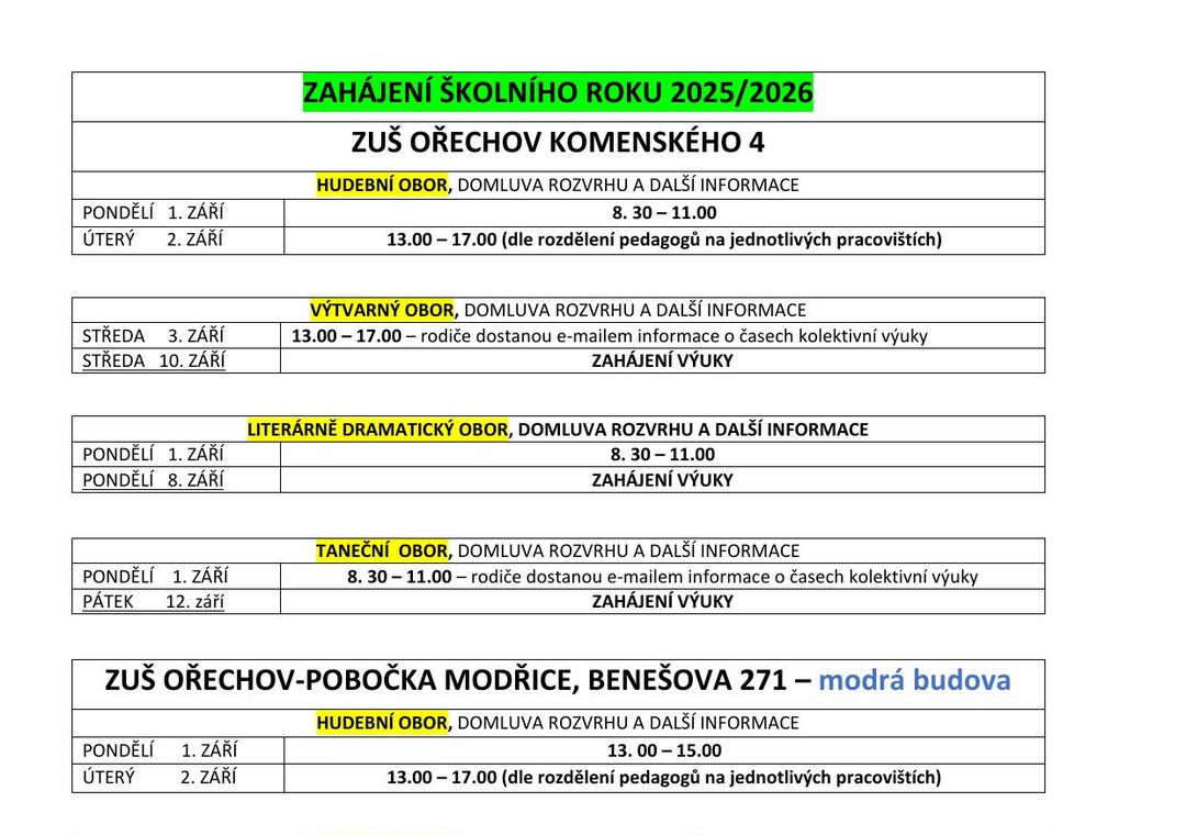 Zahájení školního roku 2025/2026  - domluva rozvrhu