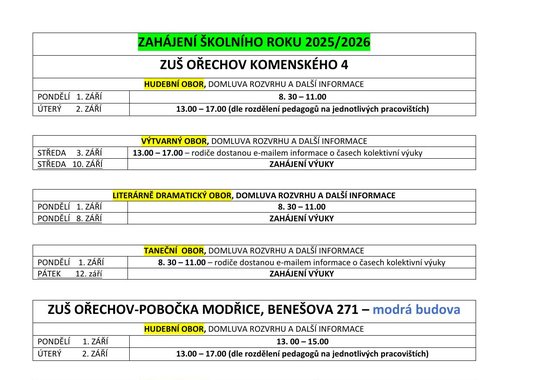 Zahájení školního roku 2025/2026  - domluva rozvrhu